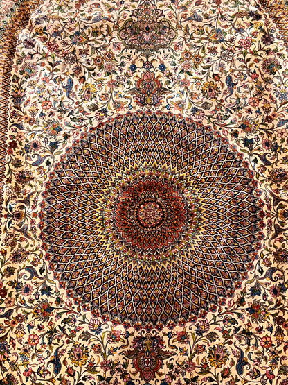 7×10 ft Silk Rug – Ivory, Gold & Multicolor Ornate Medallion Area Rug, Luxury Traditional Turkish Design