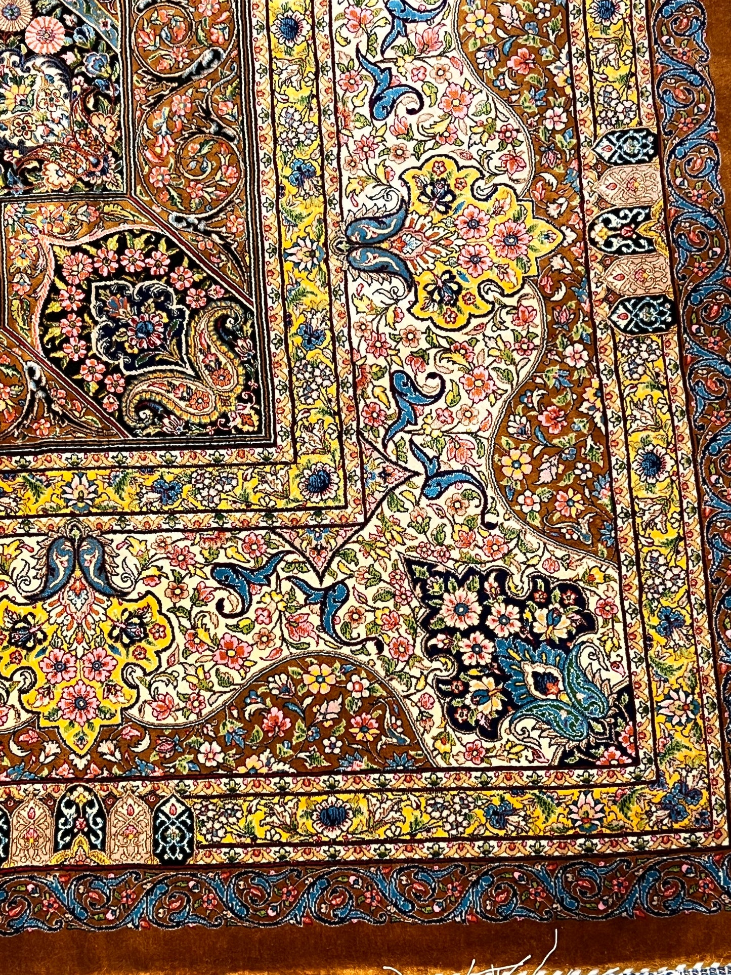7×10 ft Silk Rug – Ivory, Gold & Multicolor Ornate Medallion Area Rug, Luxury Traditional Turkish Design