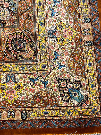 7×10 ft Silk Rug – Ivory, Gold & Multicolor Ornate Medallion Area Rug, Luxury Traditional Turkish Design