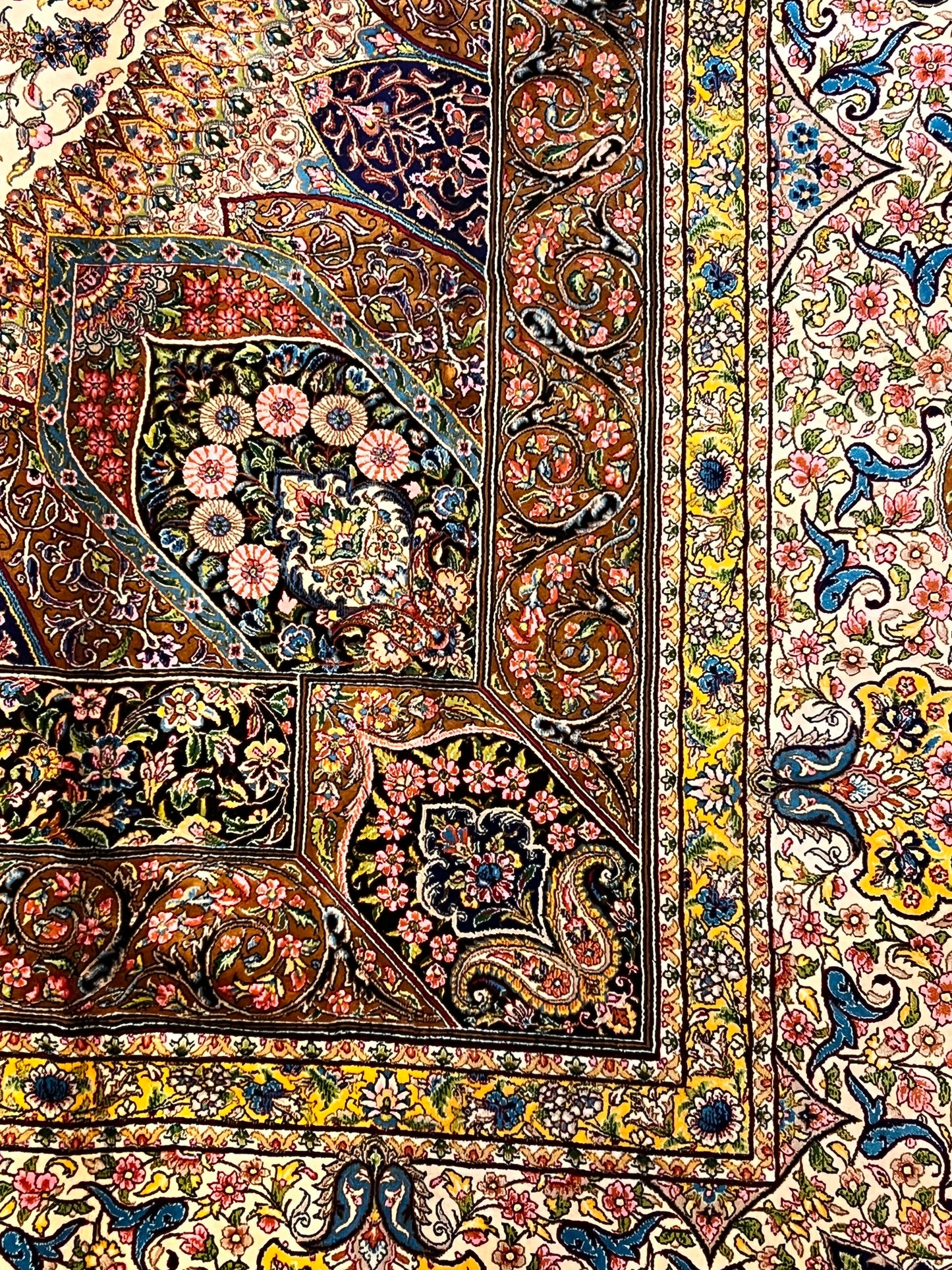 7×10 ft Silk Rug – Ivory, Gold & Multicolor Ornate Medallion Area Rug, Luxury Traditional Turkish Design