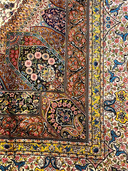 7×10 ft Silk Rug – Ivory, Gold & Multicolor Ornate Medallion Area Rug, Luxury Traditional Turkish Design