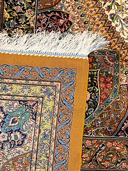 7×10 ft Silk Rug – Ivory, Gold & Multicolor Ornate Medallion Area Rug, Luxury Traditional Turkish Design