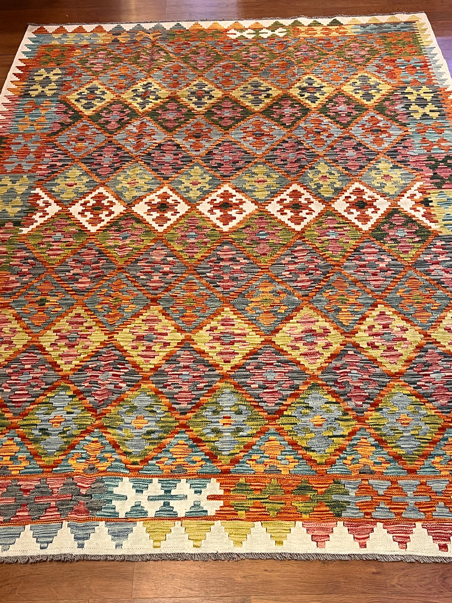 7x10 Turkish Kilim Rug – Multicolor Geometric Diamond Design, Handwoven Wool Area Rug