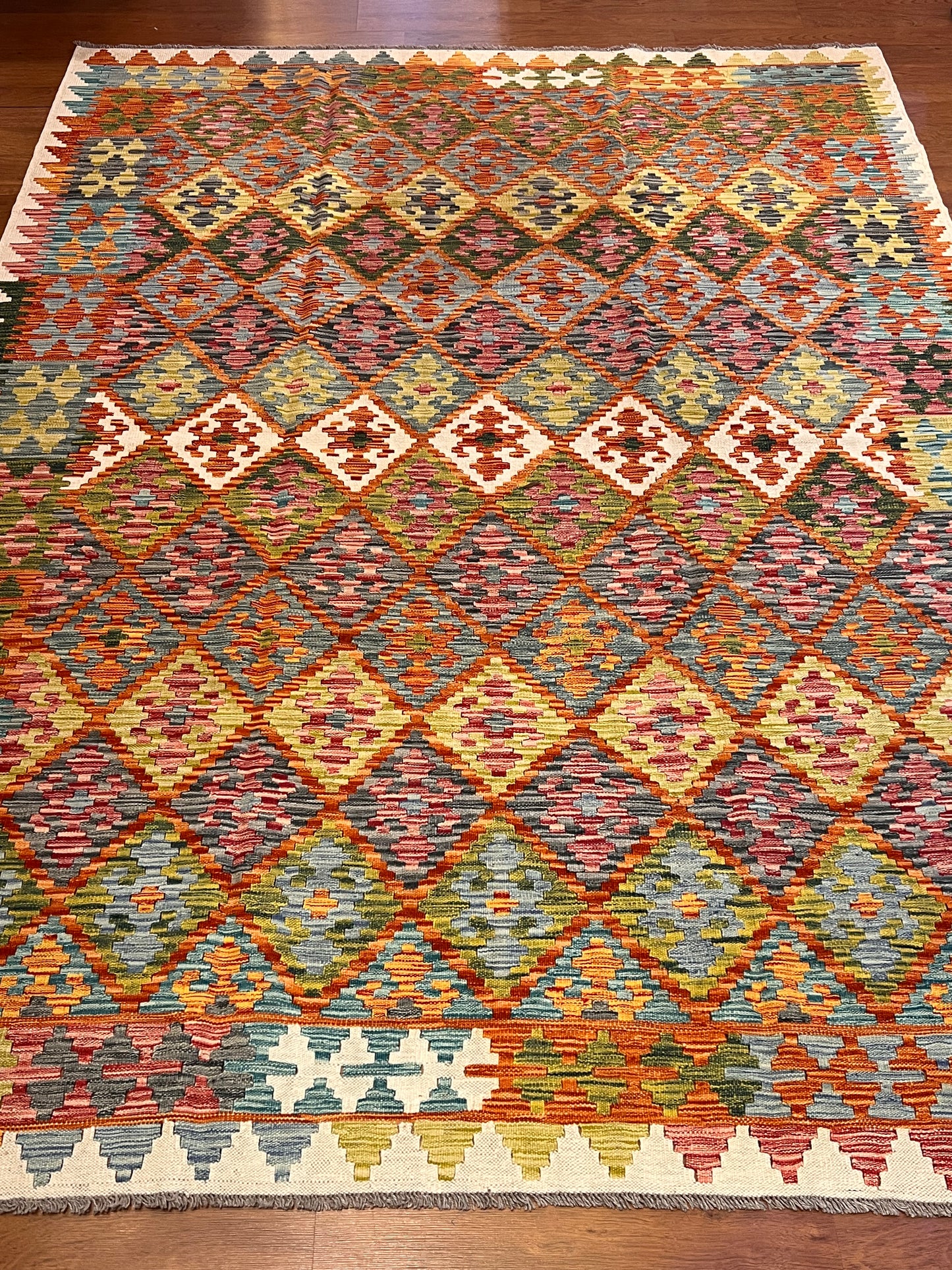 7x10 Turkish Kilim Rug – Multicolor Geometric Diamond Design, Handwoven Wool Area Rug