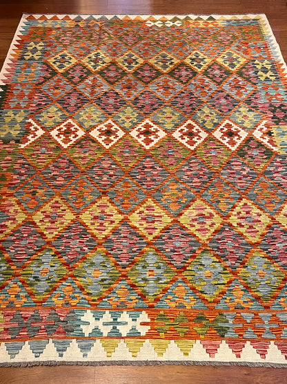 7x10 Turkish Kilim Rug – Multicolor Geometric Diamond Design, Handwoven Wool Area Rug