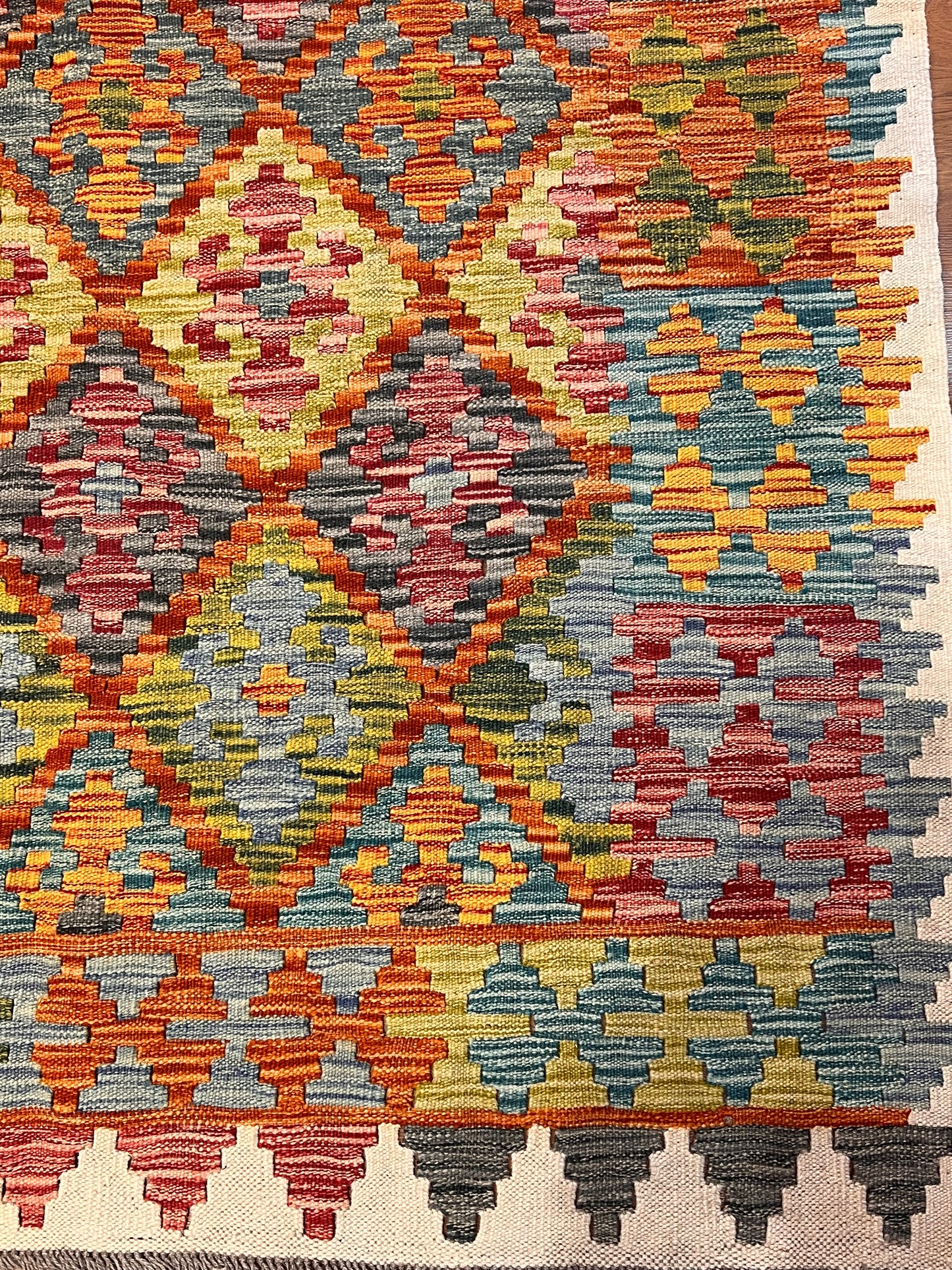 7x10 Turkish Kilim Rug – Multicolor Geometric Diamond Design, Handwoven Wool Area Rug