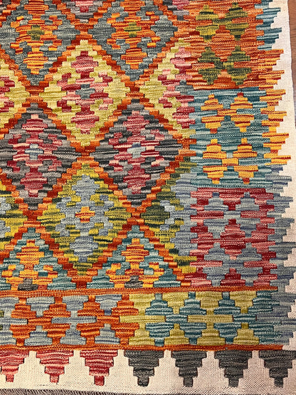 7x10 Turkish Kilim Rug – Multicolor Geometric Diamond Design, Handwoven Wool Area Rug