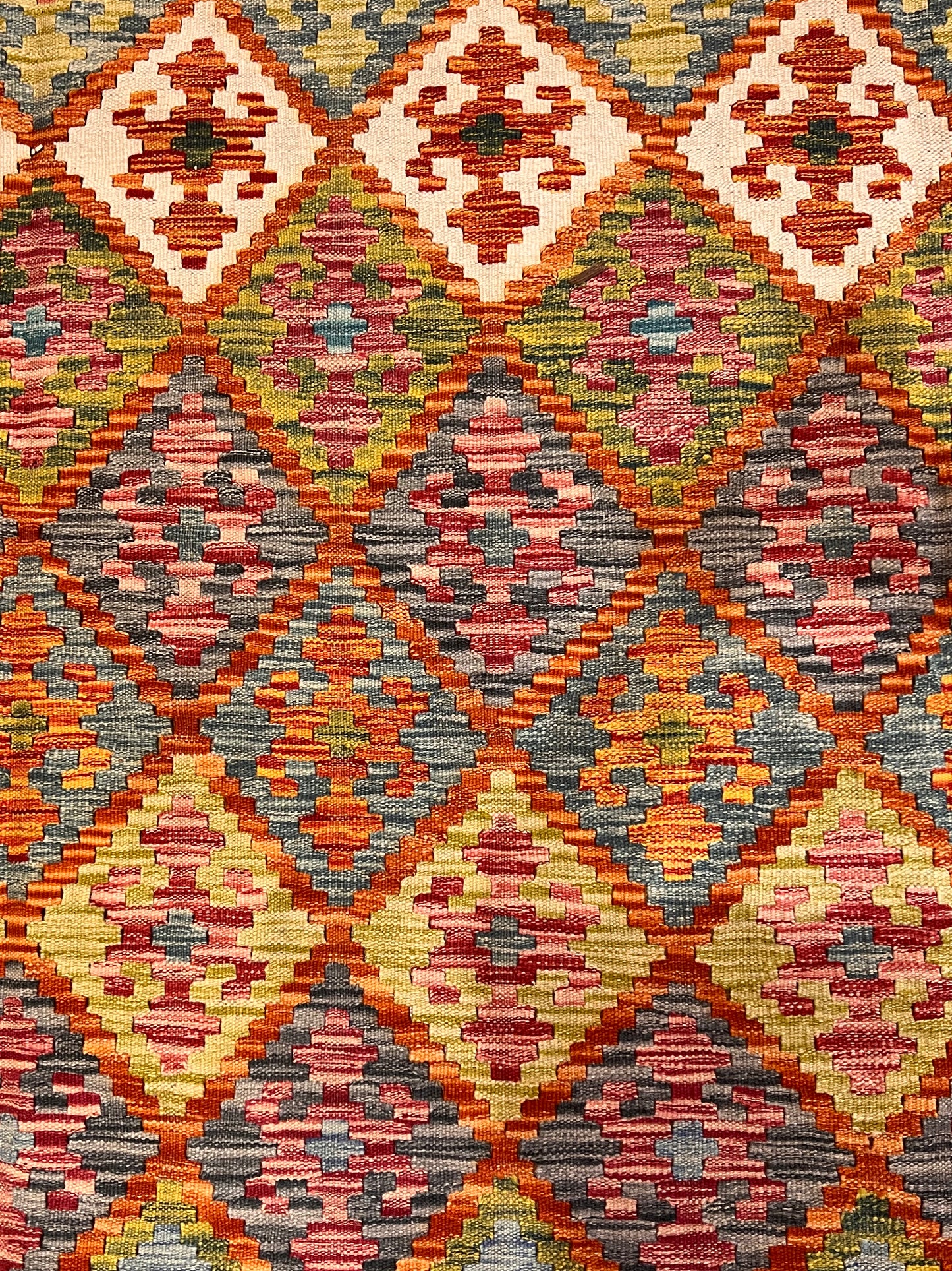 7x10 Turkish Kilim Rug – Multicolor Geometric Diamond Design, Handwoven Wool Area Rug