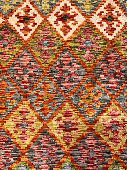 7x10 Turkish Kilim Rug – Multicolor Geometric Diamond Design, Handwoven Wool Area Rug