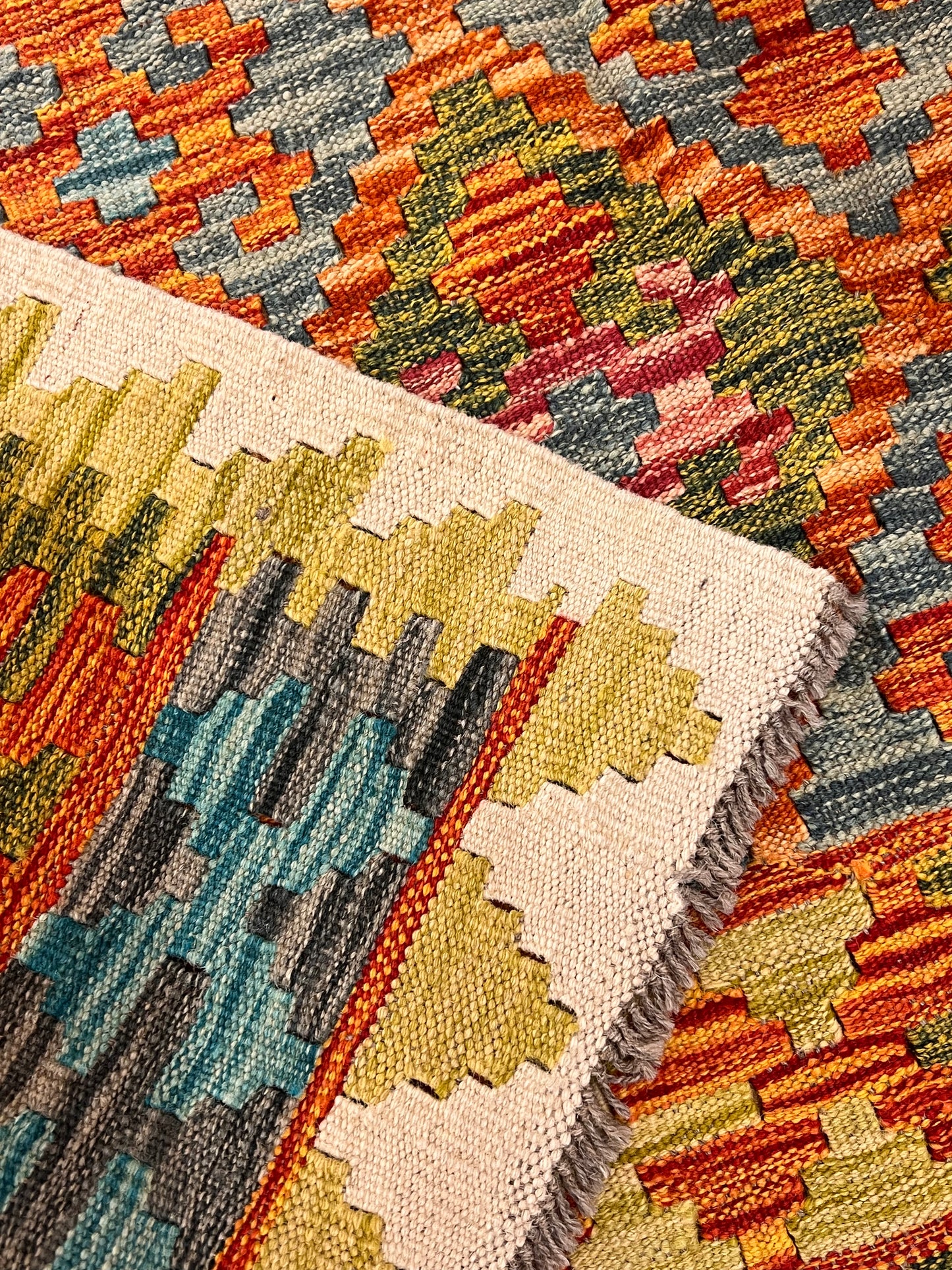 7x10 Turkish Kilim Rug – Multicolor Geometric Diamond Design, Handwoven Wool Area Rug