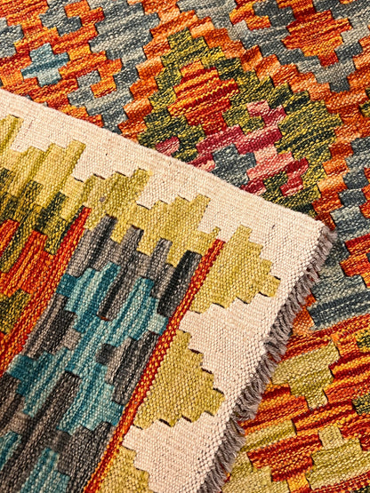 7x10 Turkish Kilim Rug – Multicolor Geometric Diamond Design, Handwoven Wool Area Rug
