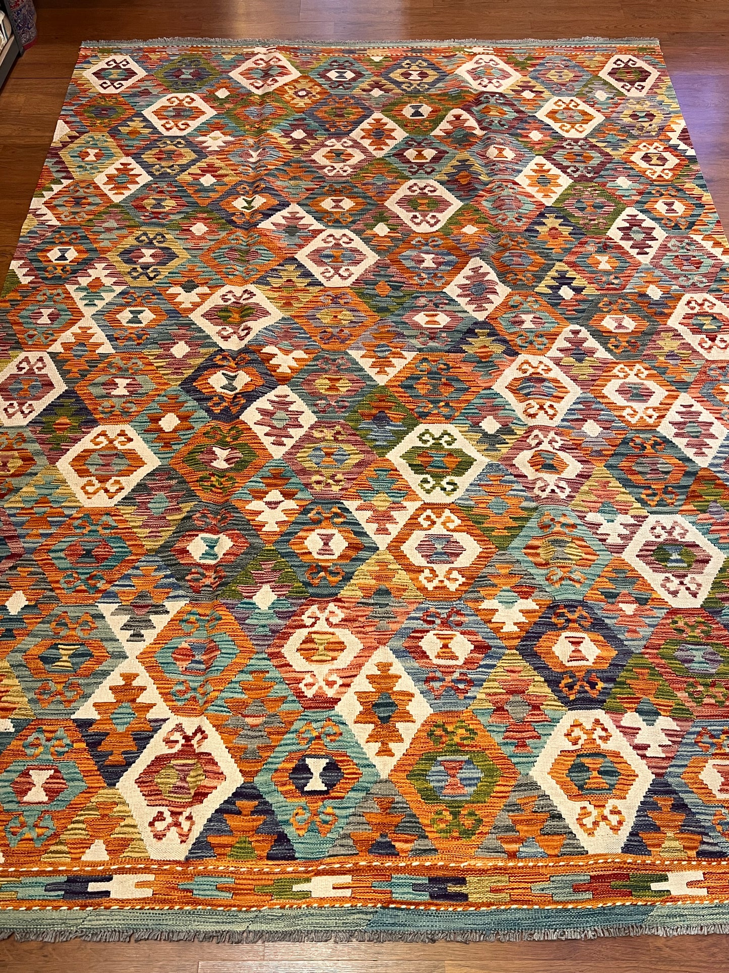 7x10 Fine Quality Turkish Kilim Rug, Colorful Geometric Wool Kilim, Large Flatweave Area Rug, Tribal Medallion Design