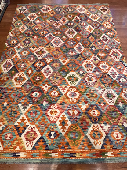 7x10 Fine Quality Turkish Kilim Rug, Colorful Geometric Wool Kilim, Large Flatweave Area Rug, Tribal Medallion Design