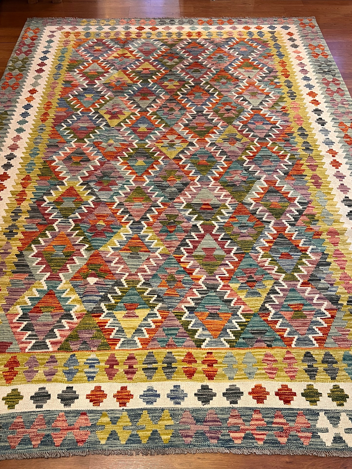 7x10 Fine Quality Turkish Kilim Rug, Colorful Geometric Wool Kilim, Large Flatweave Area Rug, Diamond Tribal Design