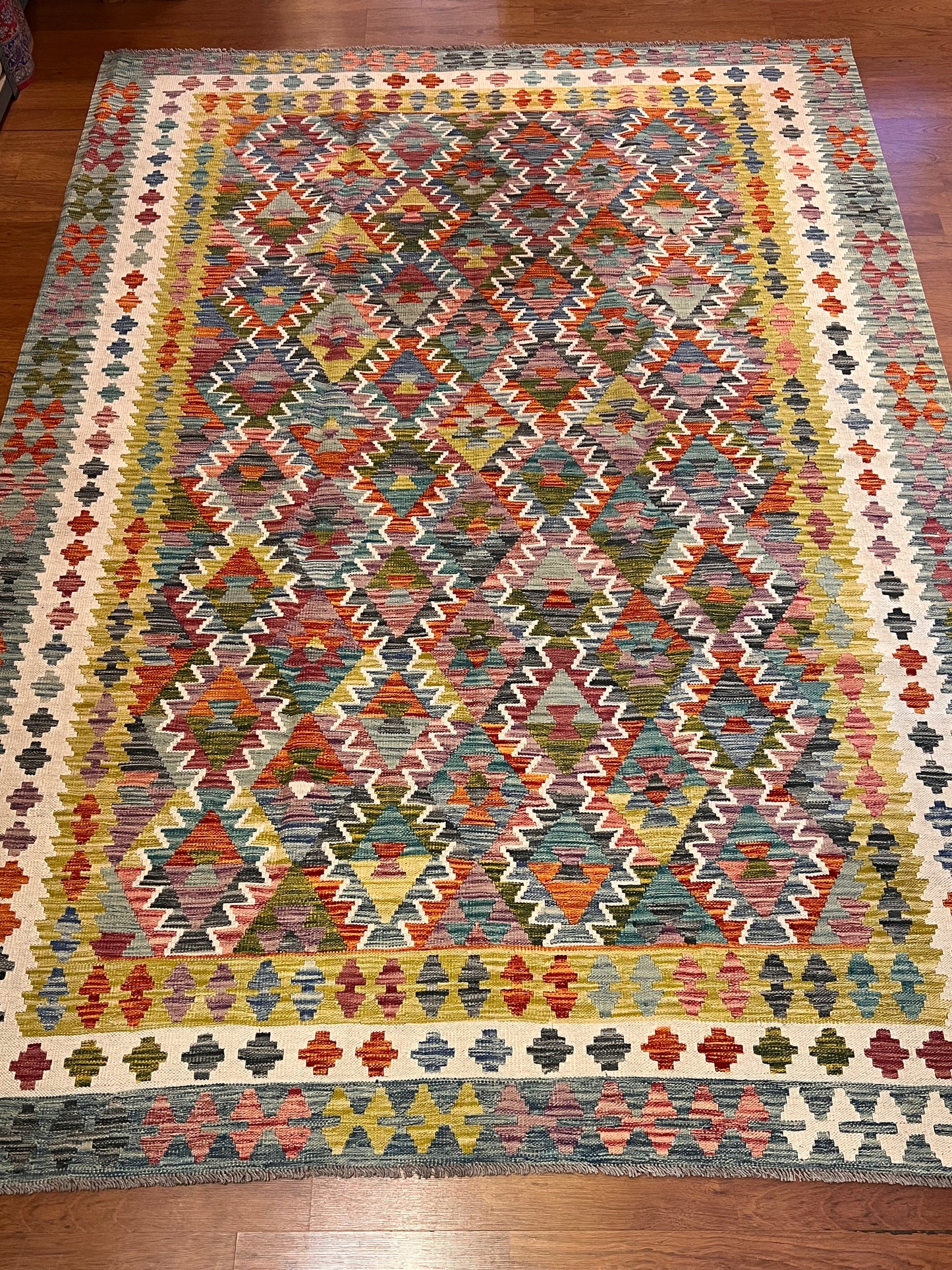 7x10 Fine Quality Turkish Kilim Rug, Colorful Geometric Wool Kilim, Large Flatweave Area Rug, Diamond Tribal Design