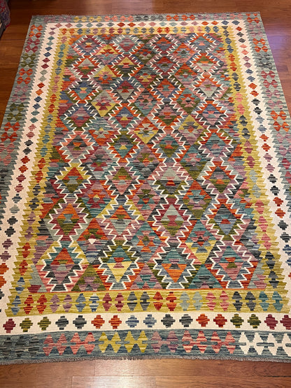 7x10 Fine Quality Turkish Kilim Rug, Colorful Geometric Wool Kilim, Large Flatweave Area Rug, Diamond Tribal Design