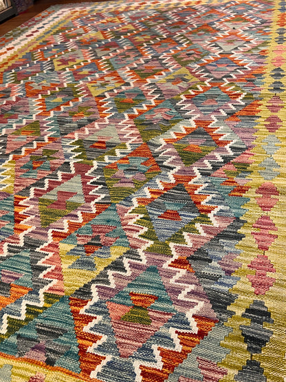 7x10 Fine Quality Turkish Kilim Rug, Colorful Geometric Wool Kilim, Large Flatweave Area Rug, Diamond Tribal Design