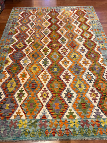 7x10 Handwoven Turkish Kilim Rug – Colorful Geometric Anatolian Design – Fine Quality Wool Area Rug