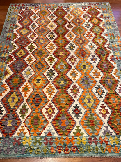 7x10 Handwoven Turkish Kilim Rug – Colorful Geometric Anatolian Design – Fine Quality Wool Area Rug