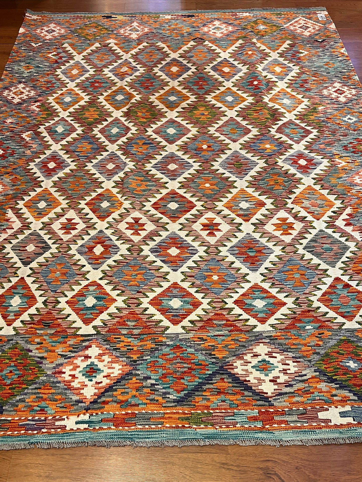7x10 Fine Quality Turkish Kilim Rug, Ivory Multicolor Geometric Wool Kilim, Large Flatweave Rug, Diamond Medallion Design