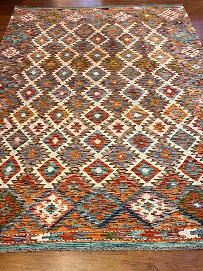 7x10 Fine Quality Turkish Kilim Rug, Ivory Multicolor Geometric Wool Kilim, Large Flatweave Rug, Diamond Medallion Design