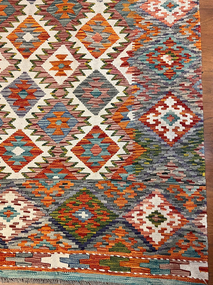 7x10 Fine Quality Turkish Kilim Rug, Ivory Multicolor Geometric Wool Kilim, Large Flatweave Rug, Diamond Medallion Design