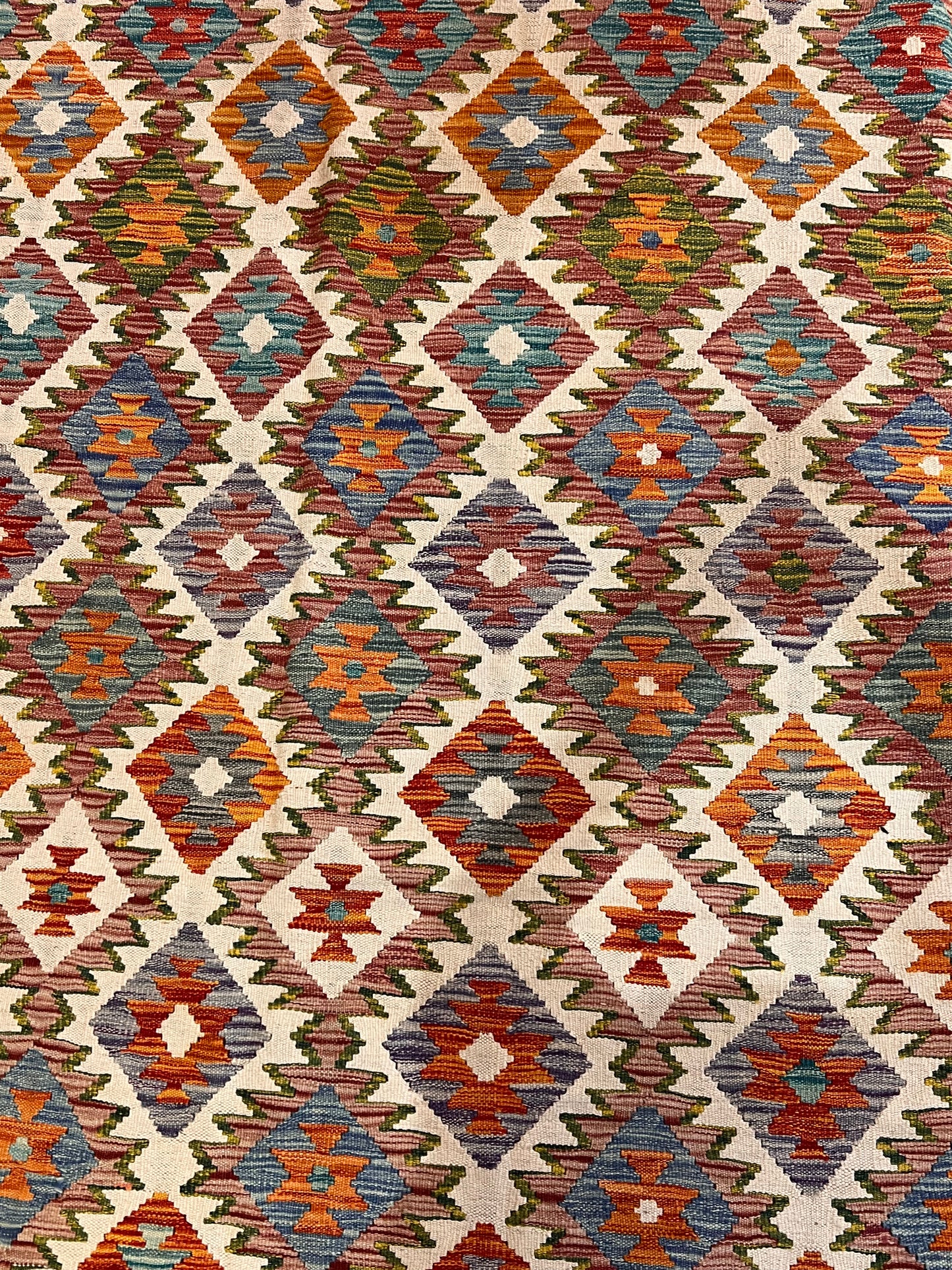 7x10 Fine Quality Turkish Kilim Rug, Ivory Multicolor Geometric Wool Kilim, Large Flatweave Rug, Diamond Medallion Design