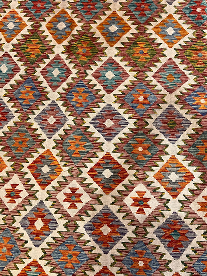 7x10 Fine Quality Turkish Kilim Rug, Ivory Multicolor Geometric Wool Kilim, Large Flatweave Rug, Diamond Medallion Design