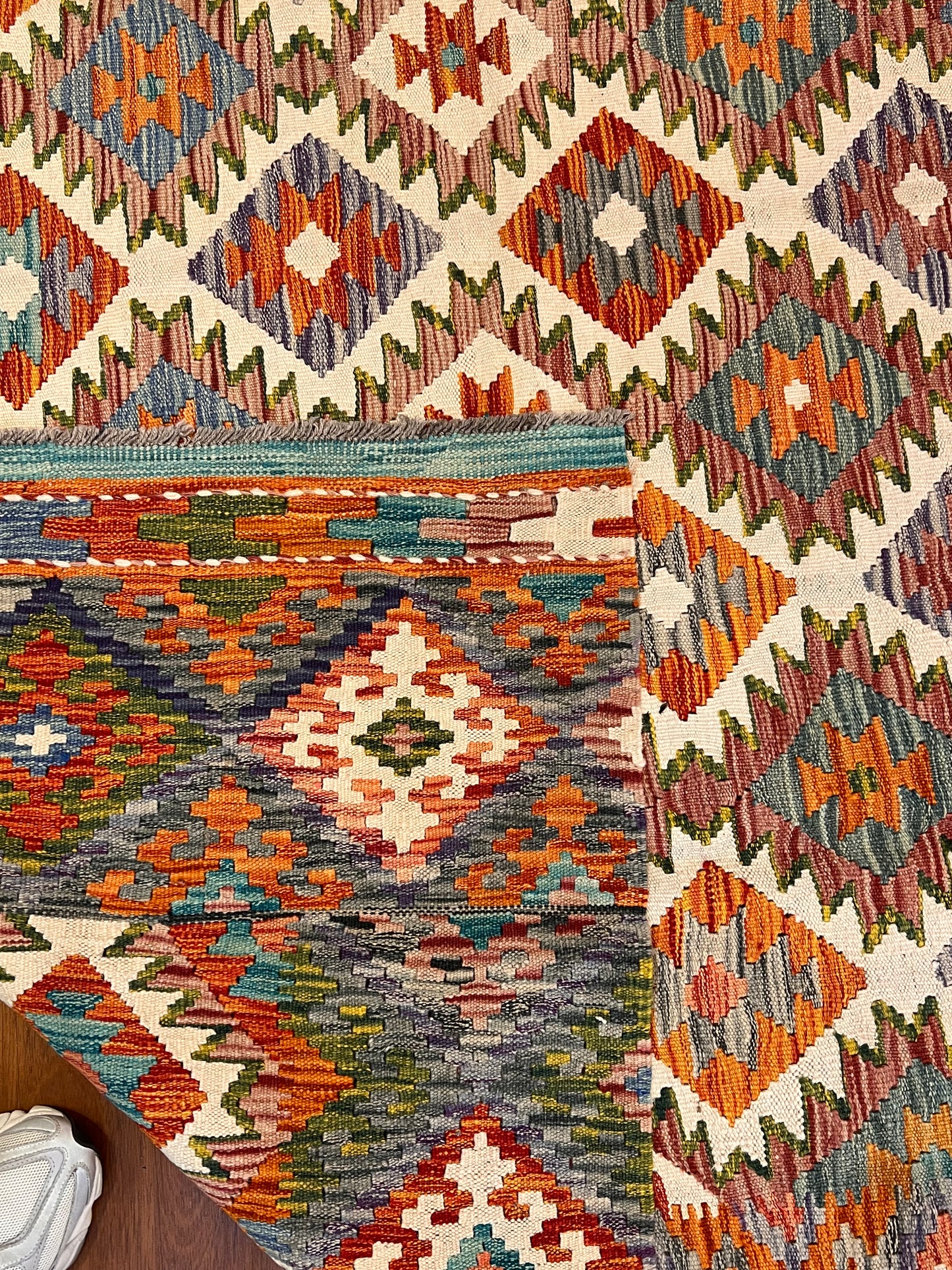 7x10 Fine Quality Turkish Kilim Rug, Ivory Multicolor Geometric Wool Kilim, Large Flatweave Rug, Diamond Medallion Design