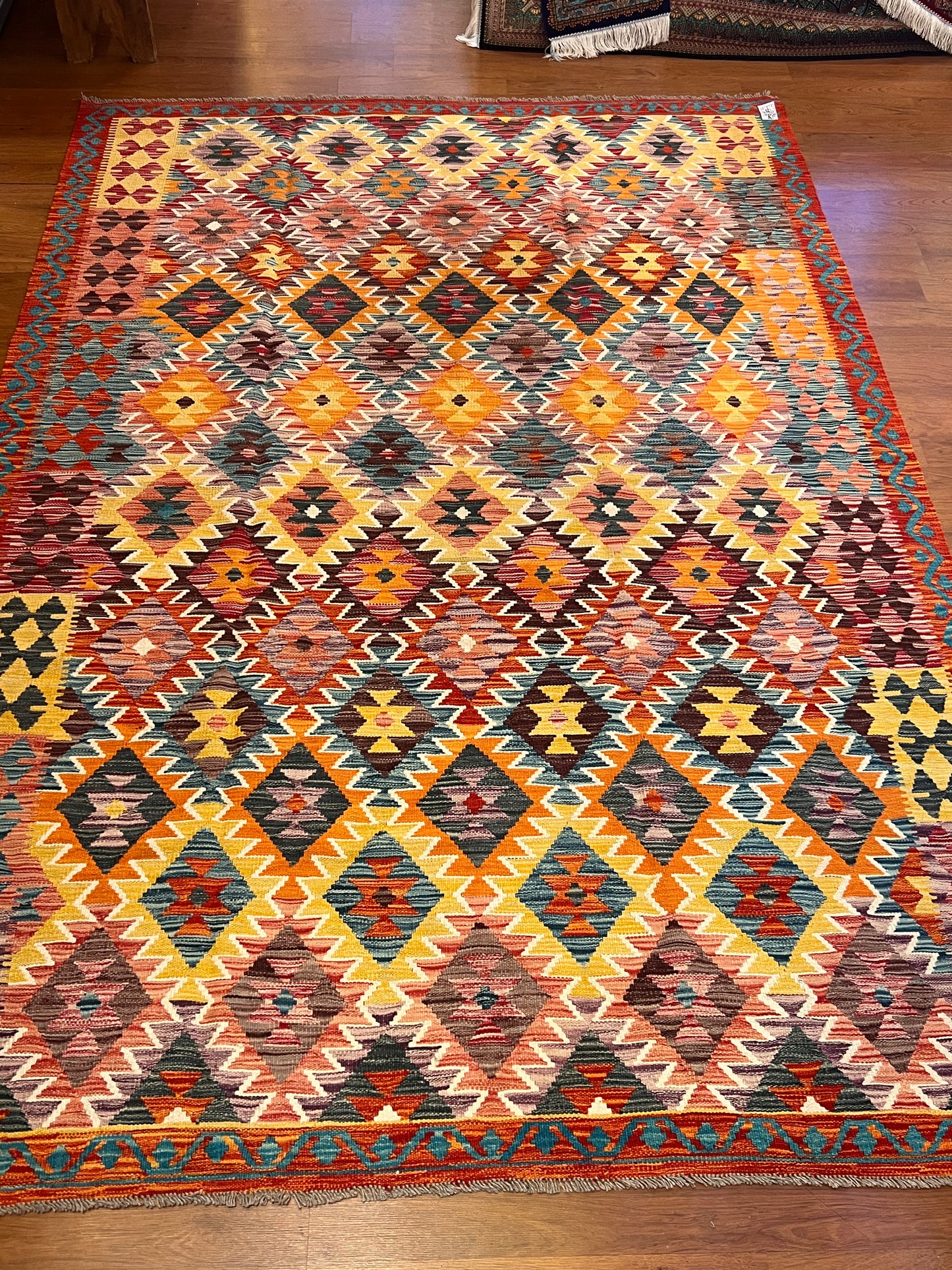 7x10 Fine Quality Turkish Kilim Rug, Warm Gold & Multicolor Geometric Wool Kilim, Large Flatweave Area Rug, Diamond Design