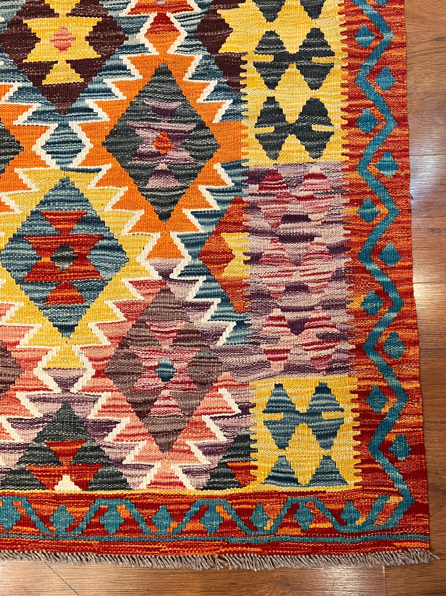 7x10 Fine Quality Turkish Kilim Rug, Warm Gold & Multicolor Geometric Wool Kilim, Large Flatweave Area Rug, Diamond Design