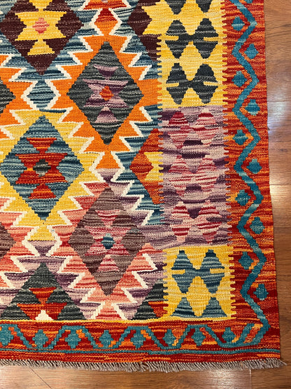 7x10 Fine Quality Turkish Kilim Rug, Warm Gold & Multicolor Geometric Wool Kilim, Large Flatweave Area Rug, Diamond Design