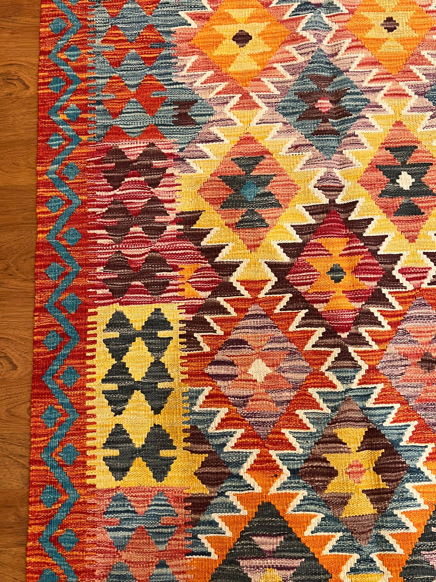 7x10 Fine Quality Turkish Kilim Rug, Warm Gold & Multicolor Geometric Wool Kilim, Large Flatweave Area Rug, Diamond Design