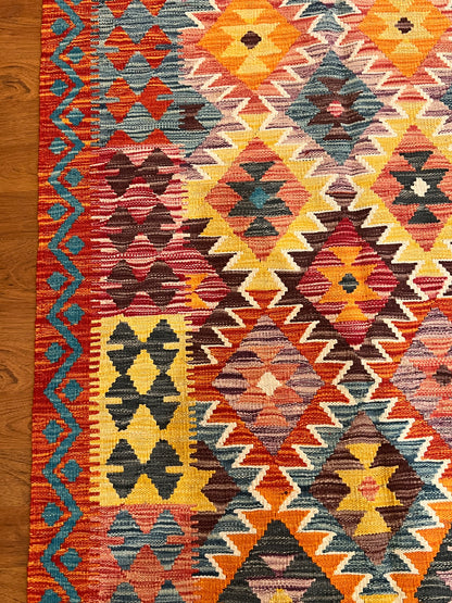 7x10 Fine Quality Turkish Kilim Rug, Warm Gold & Multicolor Geometric Wool Kilim, Large Flatweave Area Rug, Diamond Design