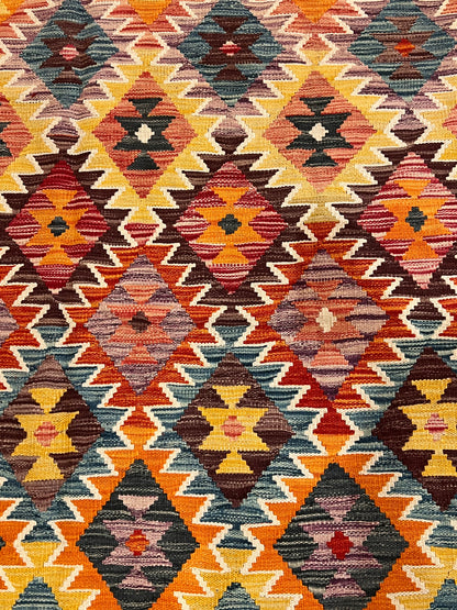 7x10 Fine Quality Turkish Kilim Rug, Warm Gold & Multicolor Geometric Wool Kilim, Large Flatweave Area Rug, Diamond Design