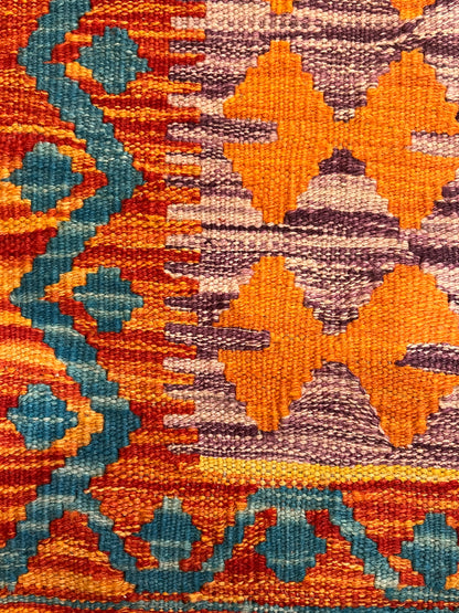 7x10 Fine Quality Turkish Kilim Rug, Warm Gold & Multicolor Geometric Wool Kilim, Large Flatweave Area Rug, Diamond Design