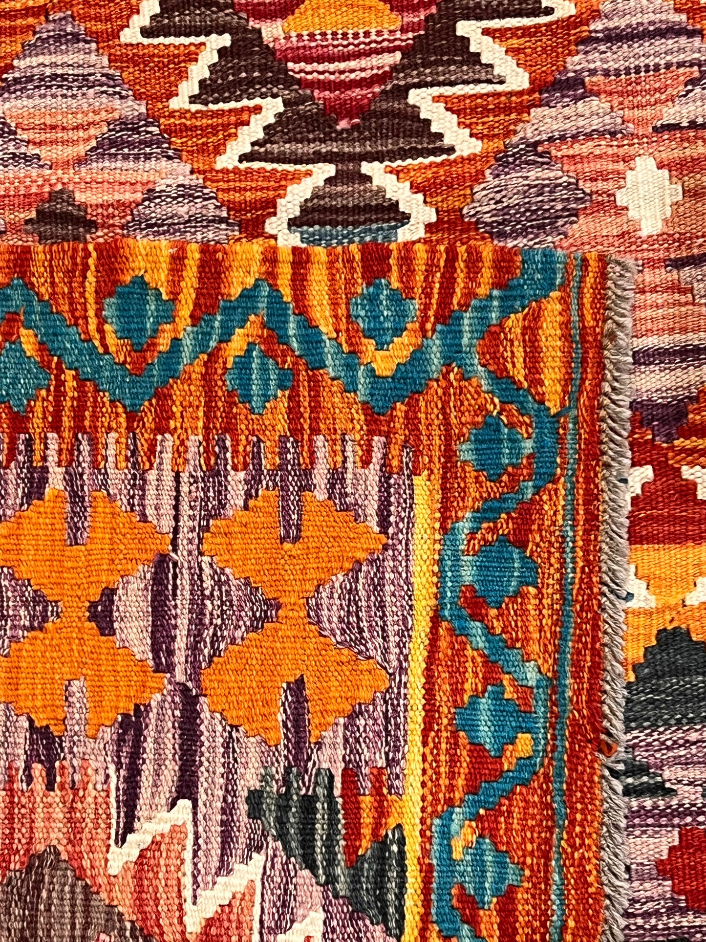 7x10 Fine Quality Turkish Kilim Rug, Warm Gold & Multicolor Geometric Wool Kilim, Large Flatweave Area Rug, Diamond Design