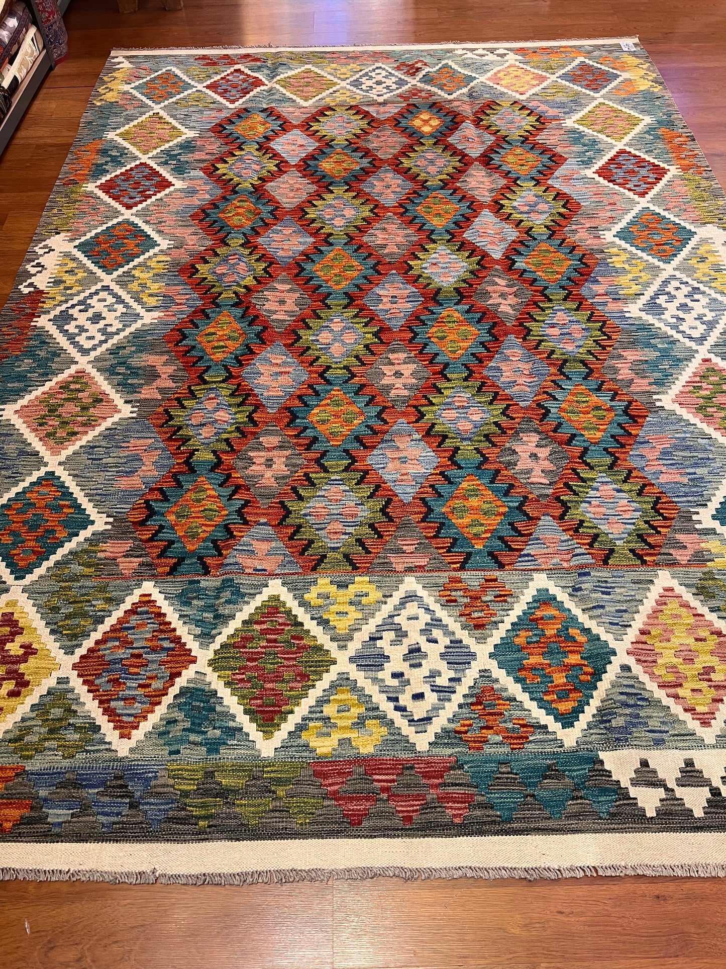 7x9 Fine Quality Handmade Turkish Kilim Rug – Colorful Geometric Handwoven Area Rug