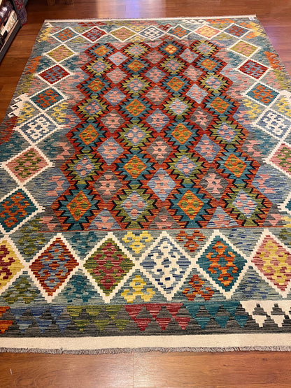 7x9 Fine Quality Handmade Turkish Kilim Rug – Colorful Geometric Handwoven Area Rug
