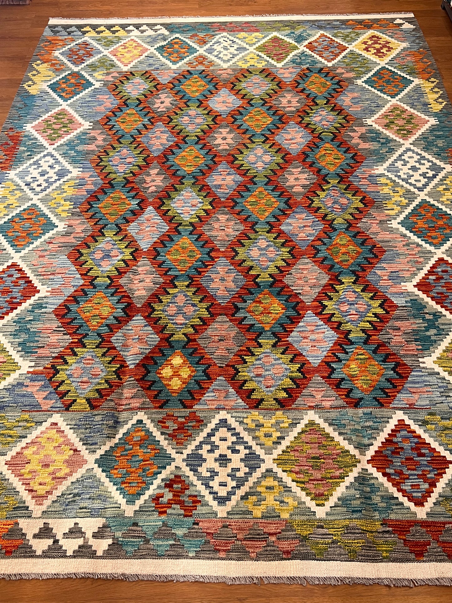 7x9 Fine Quality Handmade Turkish Kilim Rug – Colorful Geometric Handwoven Area Rug