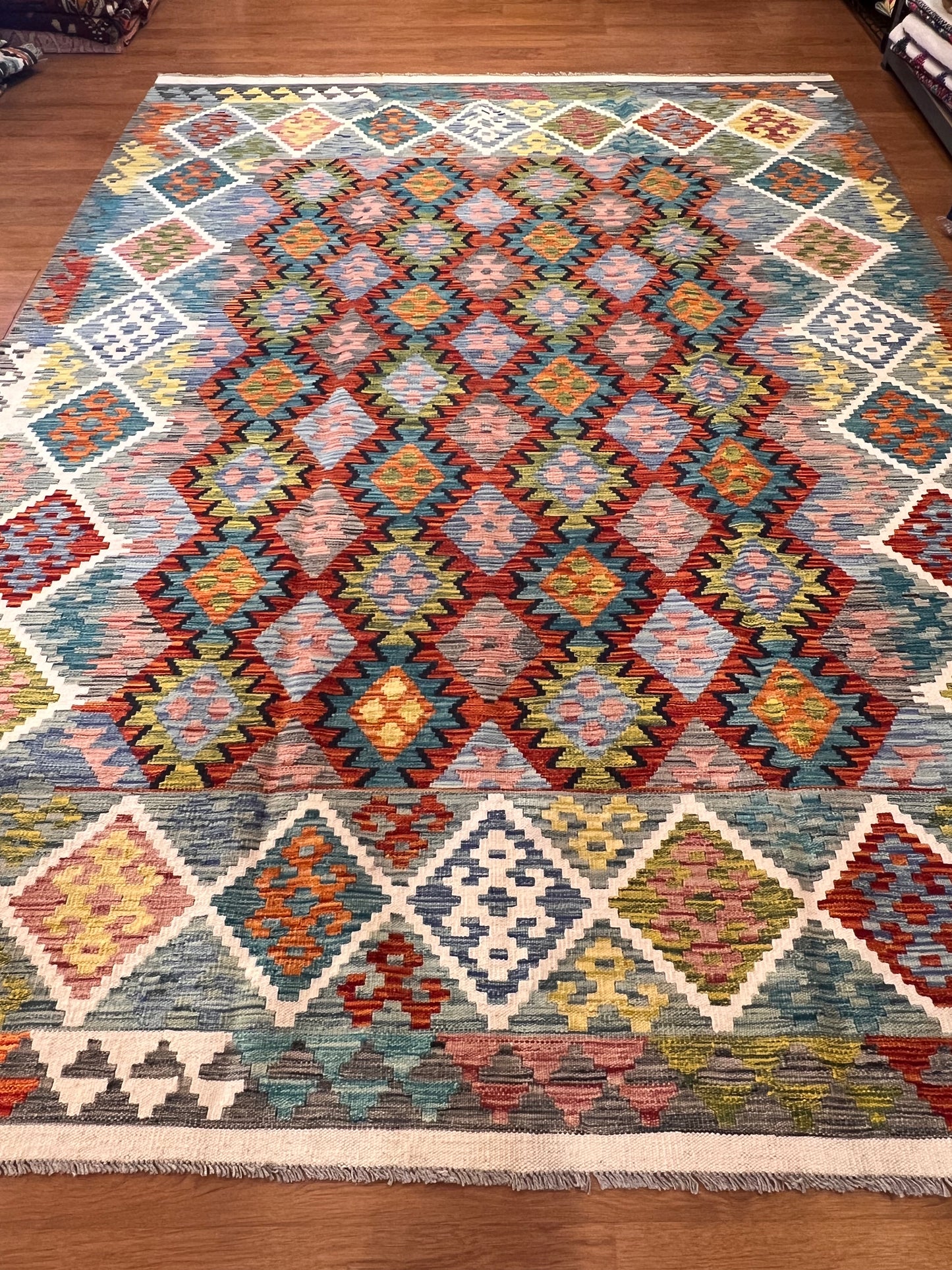 7x9 Fine Quality Handmade Turkish Kilim Rug – Colorful Geometric Handwoven Area Rug