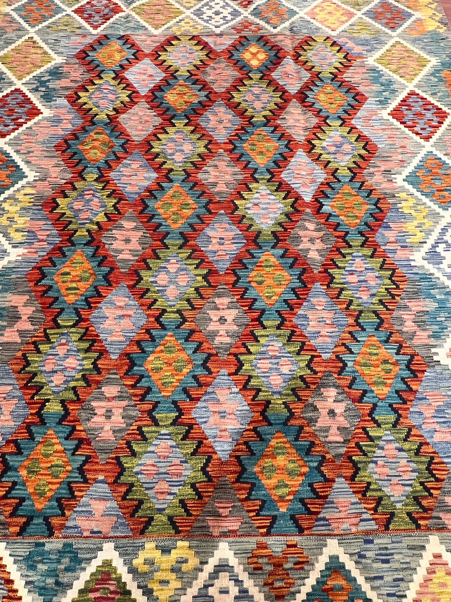 7x9 Fine Quality Handmade Turkish Kilim Rug – Colorful Geometric Handwoven Area Rug