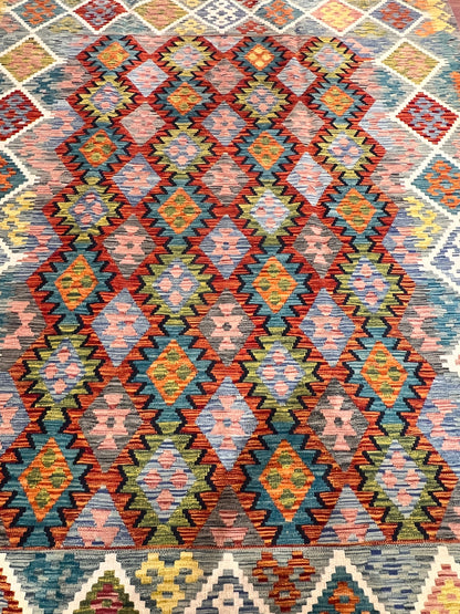 7x9 Fine Quality Handmade Turkish Kilim Rug – Colorful Geometric Handwoven Area Rug