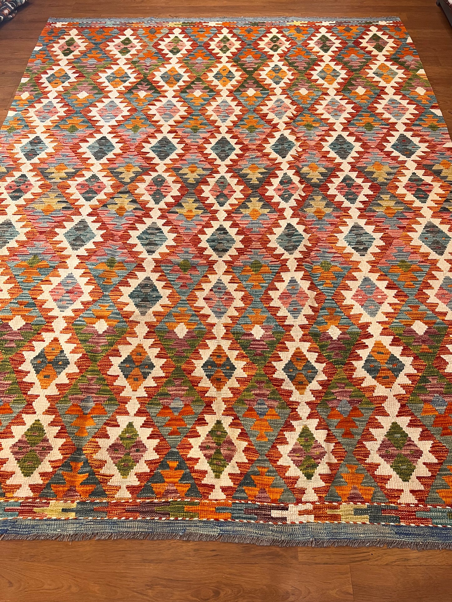 7x9 Fine Quality Handmade Turkish Kilim Rug – Colorful Diamond Geometric Handwoven Area Rug