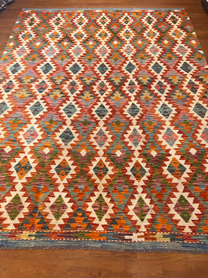 7x9 Fine Quality Handmade Turkish Kilim Rug – Colorful Diamond Geometric Handwoven Area Rug