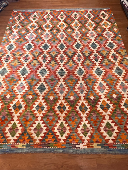 7x9 Fine Quality Handmade Turkish Kilim Rug – Colorful Diamond Geometric Handwoven Area Rug
