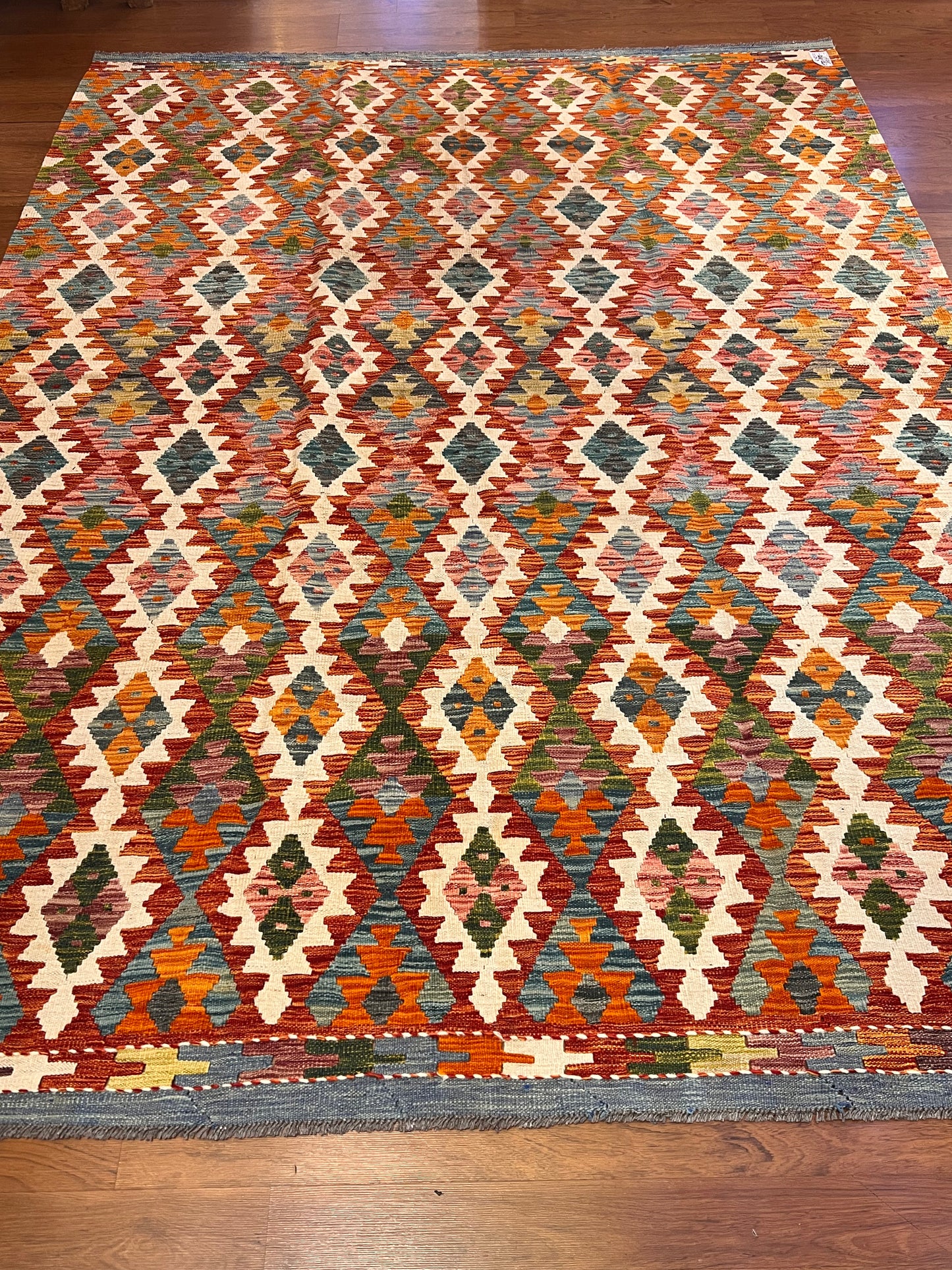 7x9 Fine Quality Handmade Turkish Kilim Rug – Colorful Diamond Geometric Handwoven Area Rug