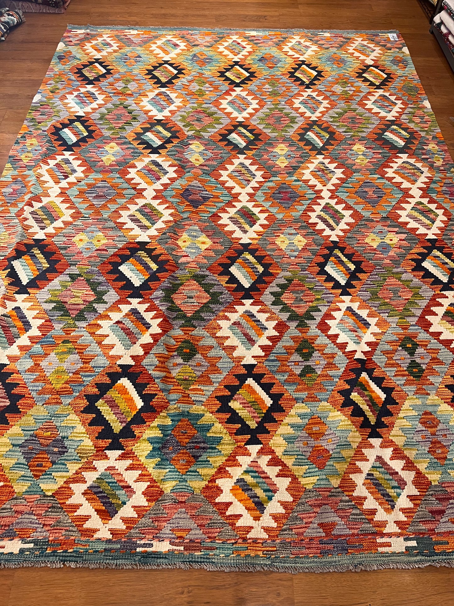 7x9 Handwoven Turkish Kilim Rug – Colorful Geometric Anatolian Design – Fine Quality Wool Area Rug