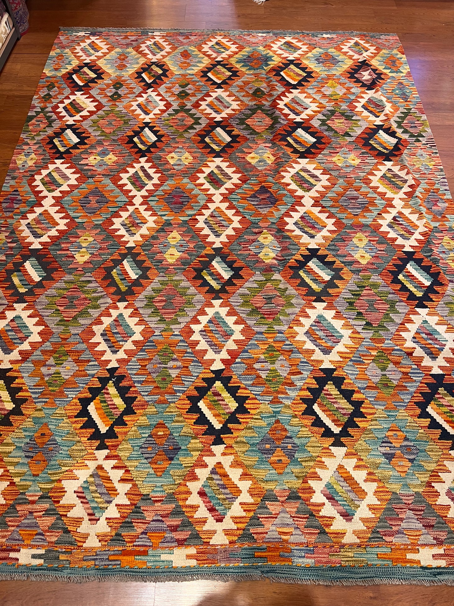 7x9 Handwoven Turkish Kilim Rug – Colorful Geometric Anatolian Design – Fine Quality Wool Area Rug