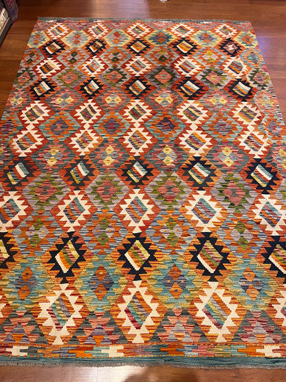 7x9 Handwoven Turkish Kilim Rug – Colorful Geometric Anatolian Design – Fine Quality Wool Area Rug